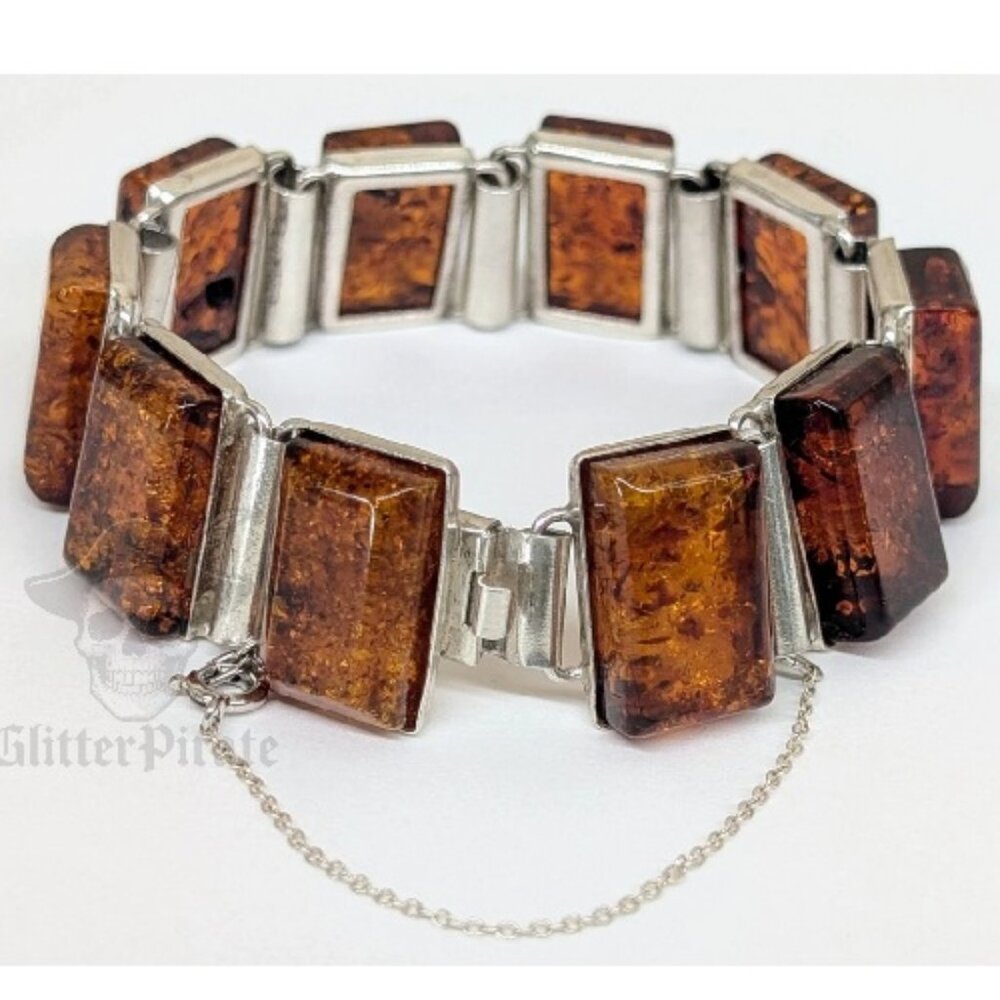 7.25" Vintage Sterling Silver & Natural Baltic Sea Amber Panel Bracelet | 35.2g